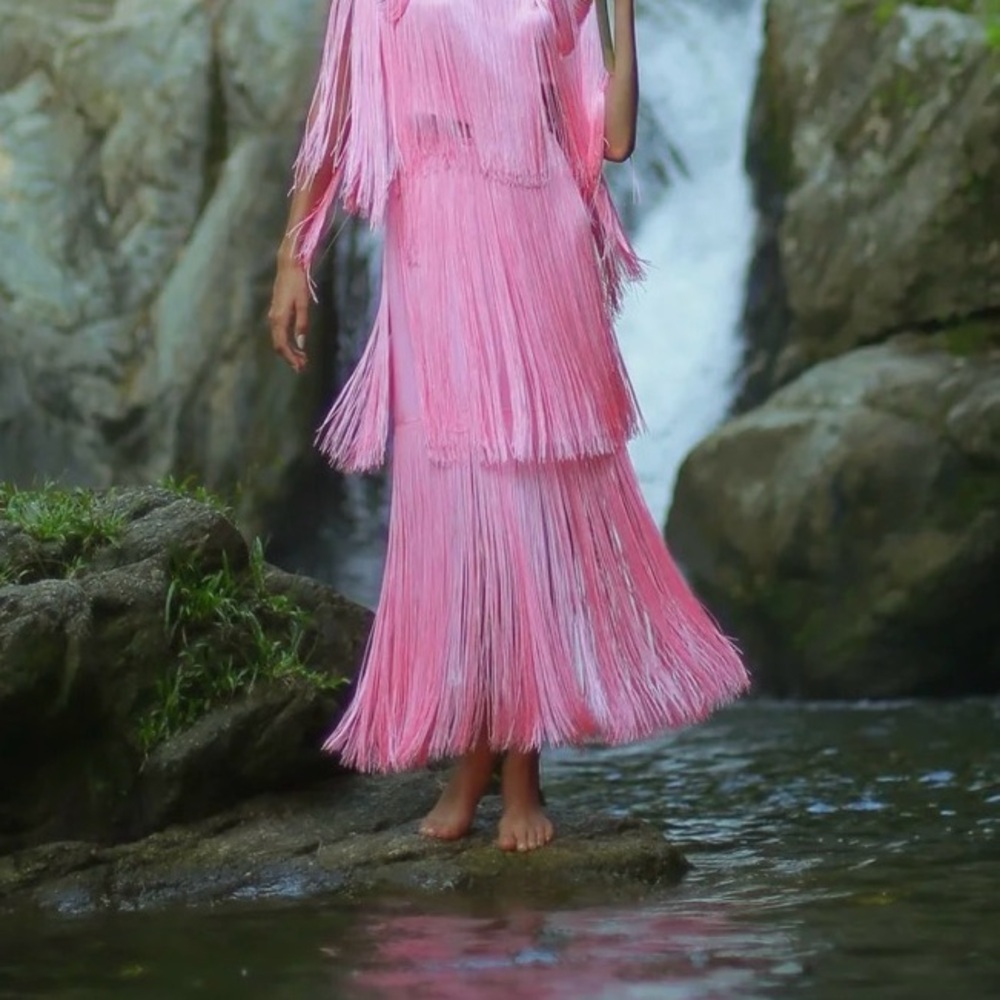 No Pise Le Grama Pink Fringed Maxi Sol Skirt - Size 6 - New with Tags NWT fringe - Picture 14 of 15
